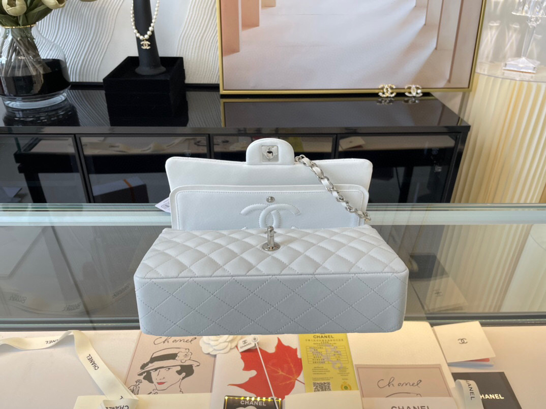 Ch**el classic flap bag white lambskin sliver chain a01112 25.5cm