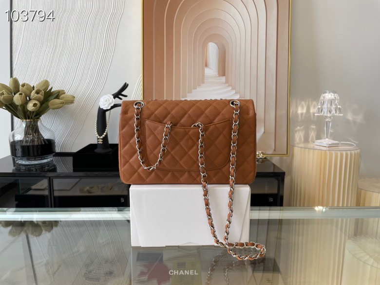 Ch**el classic flap bag brown caviar leather sliver chain a01112 25.5cm