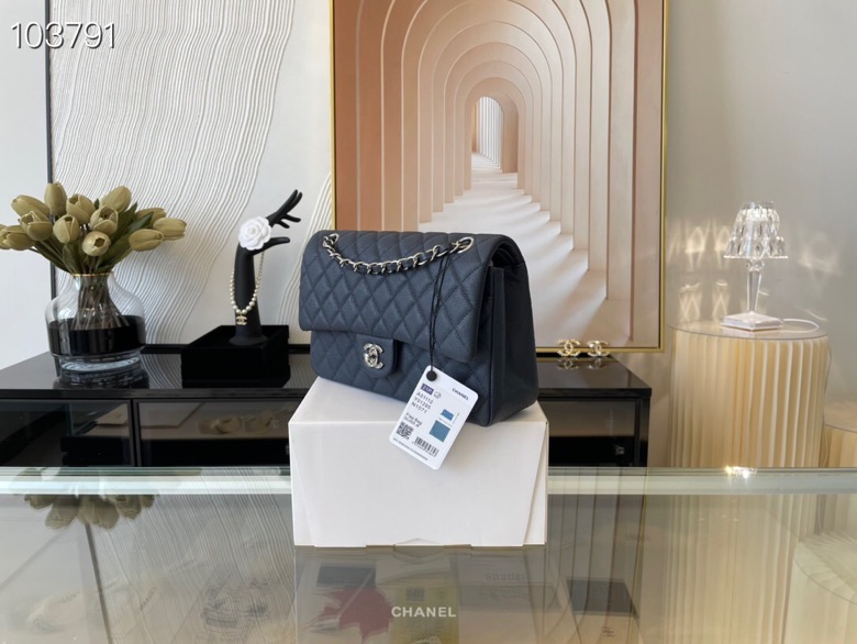 Ch**el classic flap bag black caviar leather sliver chain a01112 25.5cm