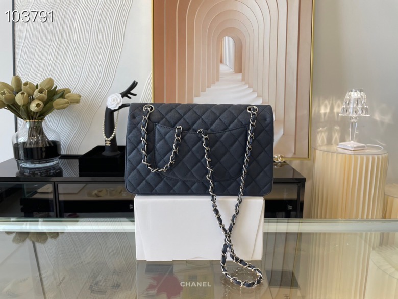 Ch**el classic flap bag black caviar leather sliver chain a01112 25.5cm