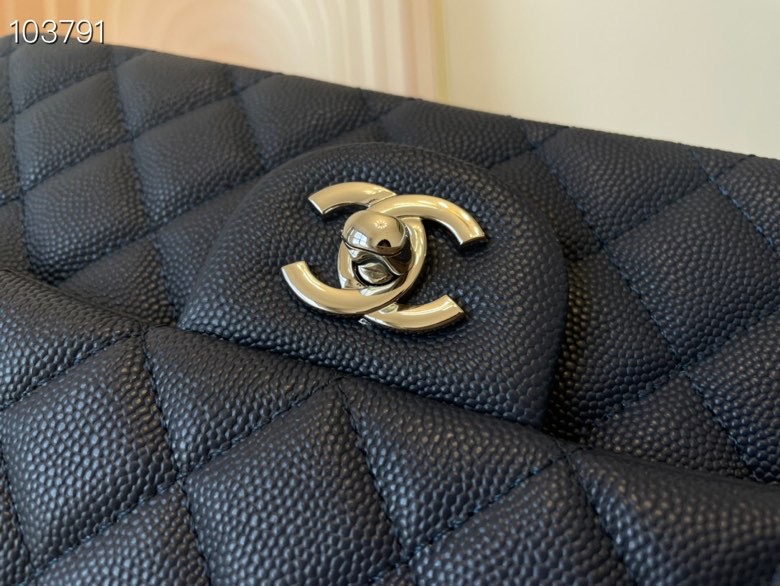 Ch**el classic flap bag black caviar leather sliver chain a01112 25.5cm