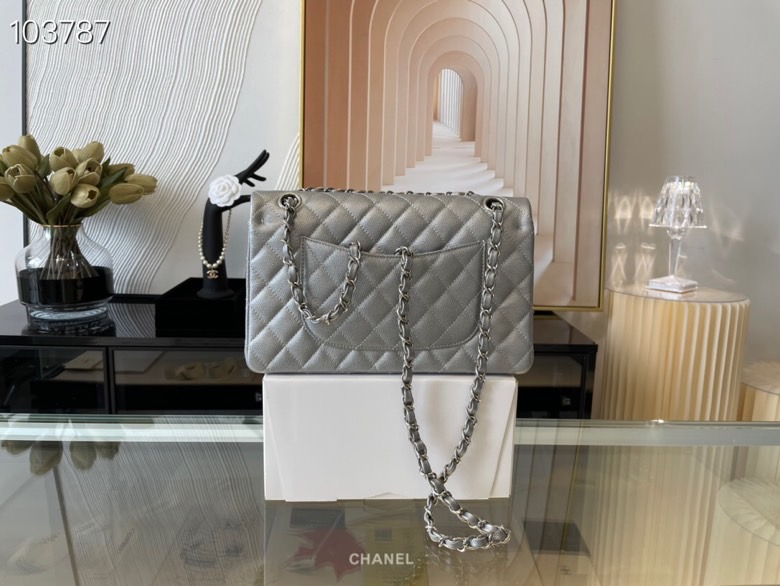 Ch**el classic flap bag light grey caviar leather sliver chain 25.5cm