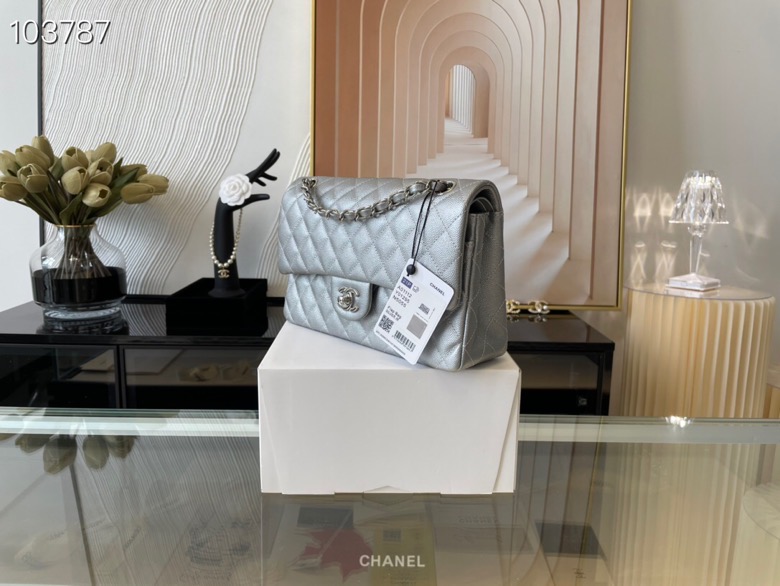 Ch**el classic flap bag light grey caviar leather sliver chain 25.5cm