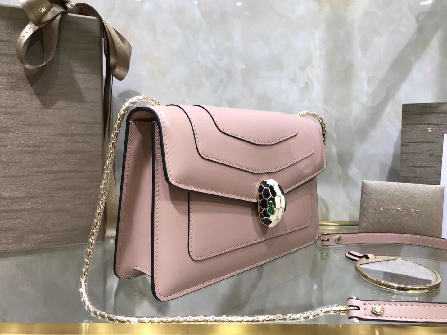 Bv1g*ai serpenti forever shoulder bag calfskin leater pink beige 38102 22 x 13 x 6 cm