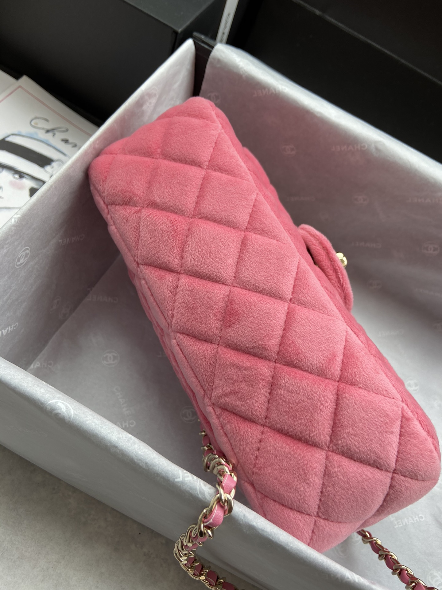 Ch**el charm strap flap bag velvet pink as1787 20 cm