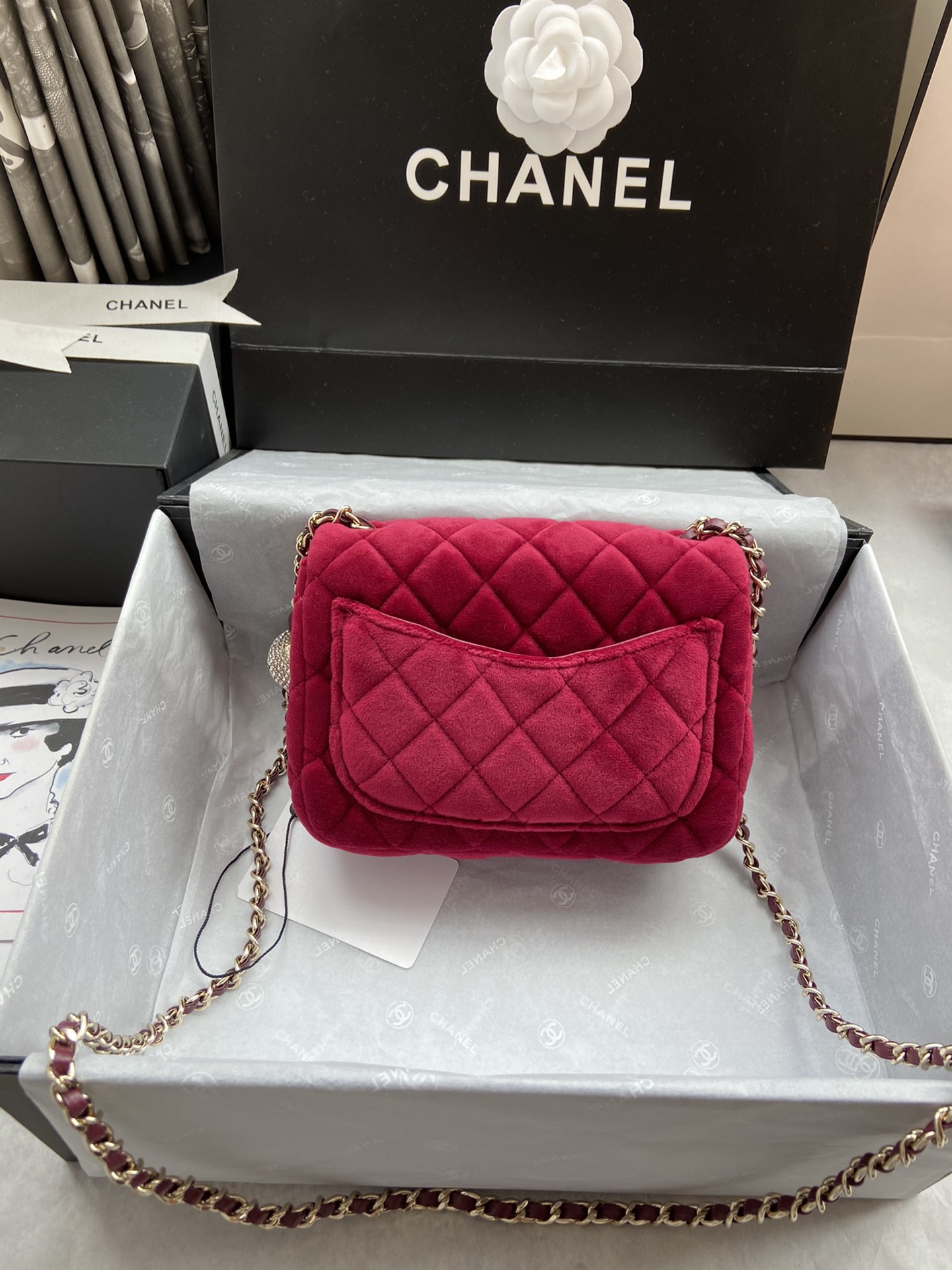 Ch**el small charm strap flap bag velvet rubine as1786 17 cm