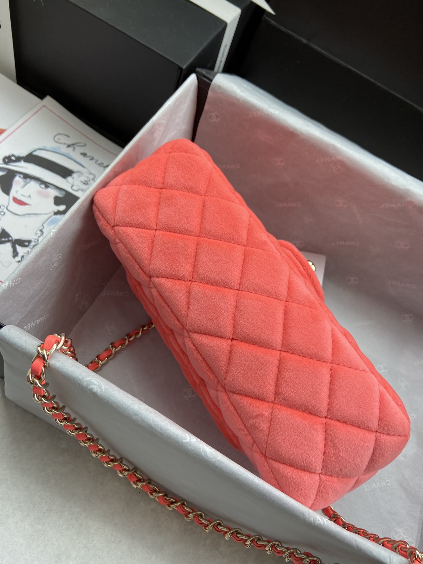 Ch**el small charm strap flap bag velvet neon orange as1786 17 cm