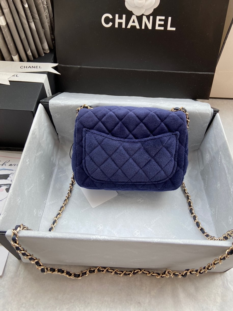 Ch**el small charm strap flap bag velvet navy as1786 17 cm