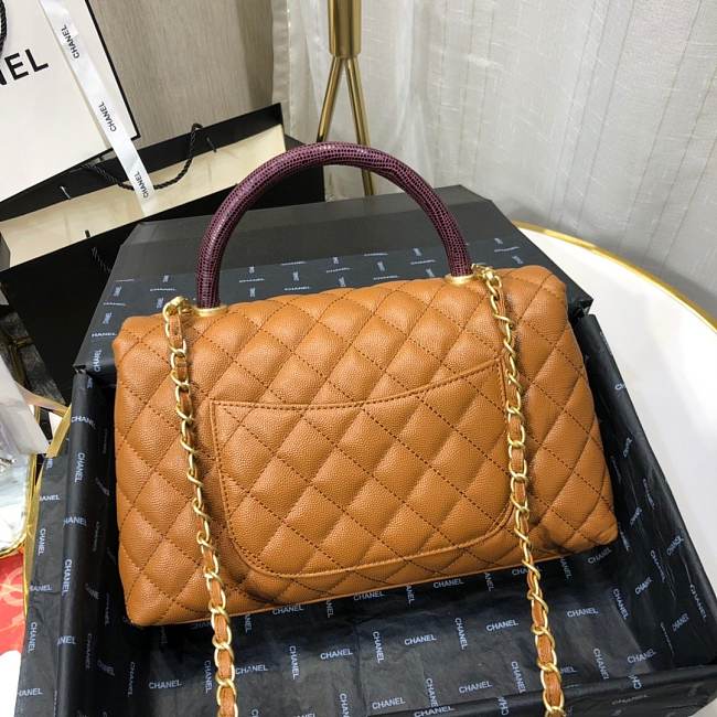 Ch**el small coco grained calfskin with top handle flap bag caramel a92991 28.5 x 18.25 x 11.75 cm