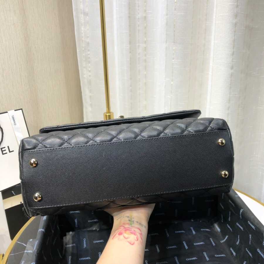 Ch**el small coco grained calfskin with top handle flap bag black a92991 28.5 x 18.25 x 11.75 cm