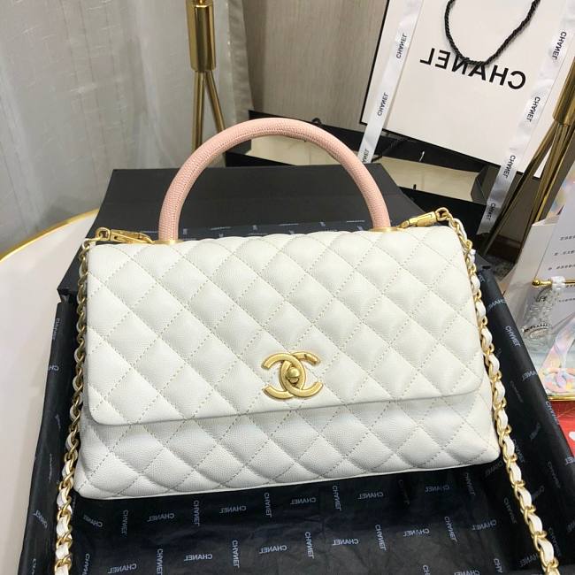 Ch**el small coco grained calfskin with top handle flap bag white a92991 28.5 x 18.25 x 11.75 cm