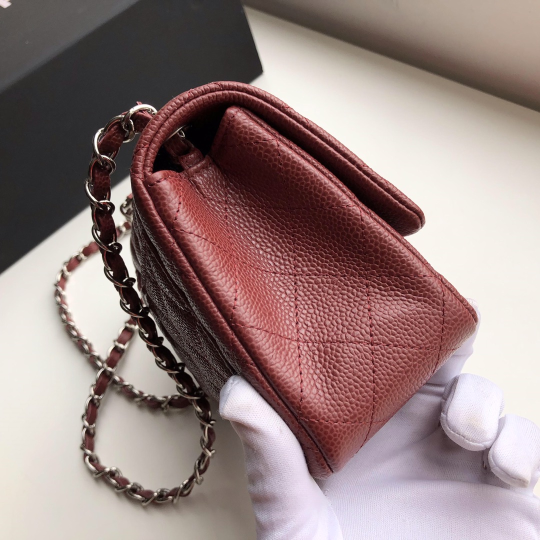 Ch**el mini flap bag caviar silver metal burgundy a35200 17cm