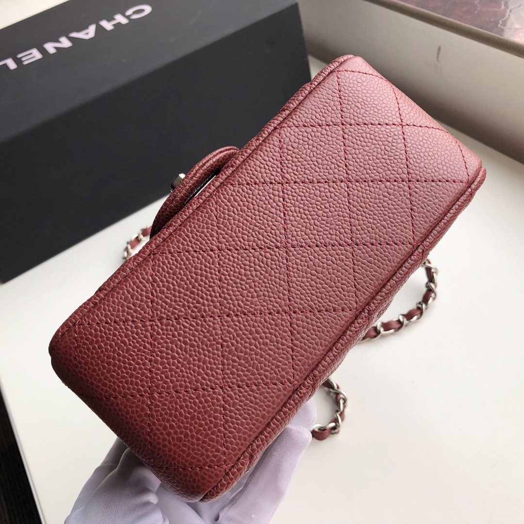 Ch**el mini flap bag caviar silver metal burgundy a35200 17cm