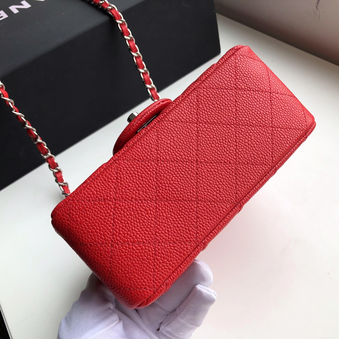 Ch**el mini flap bag caviar silver metal red a35200 17cm