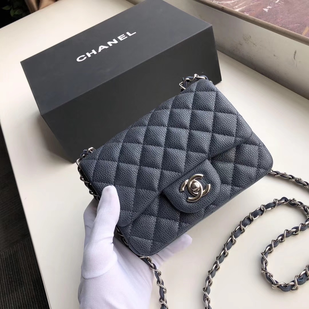 Ch**el mini flap bag caviar silver metal dark blue a35200 17cm