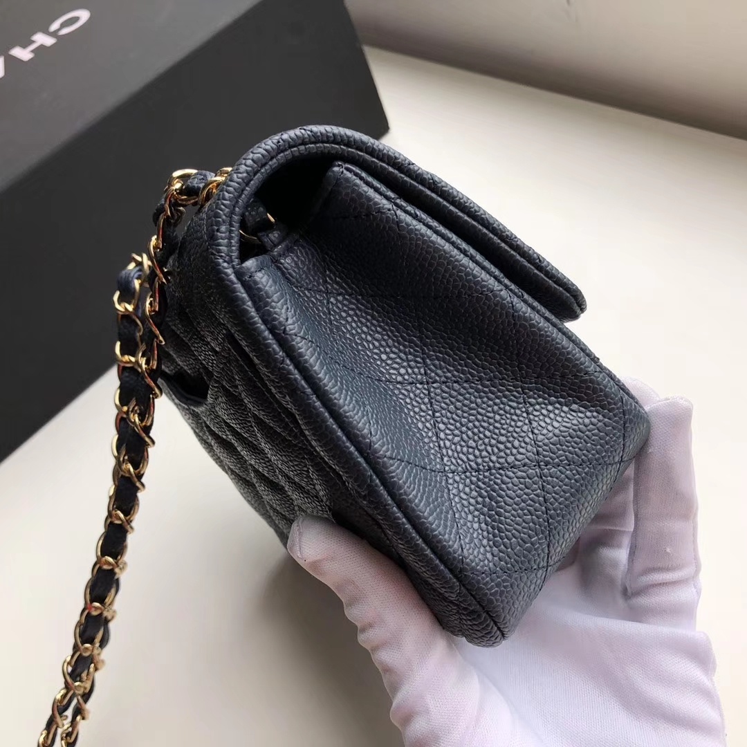 Ch**el mini flap bag caviar golden metal dark blue a35200 17cm