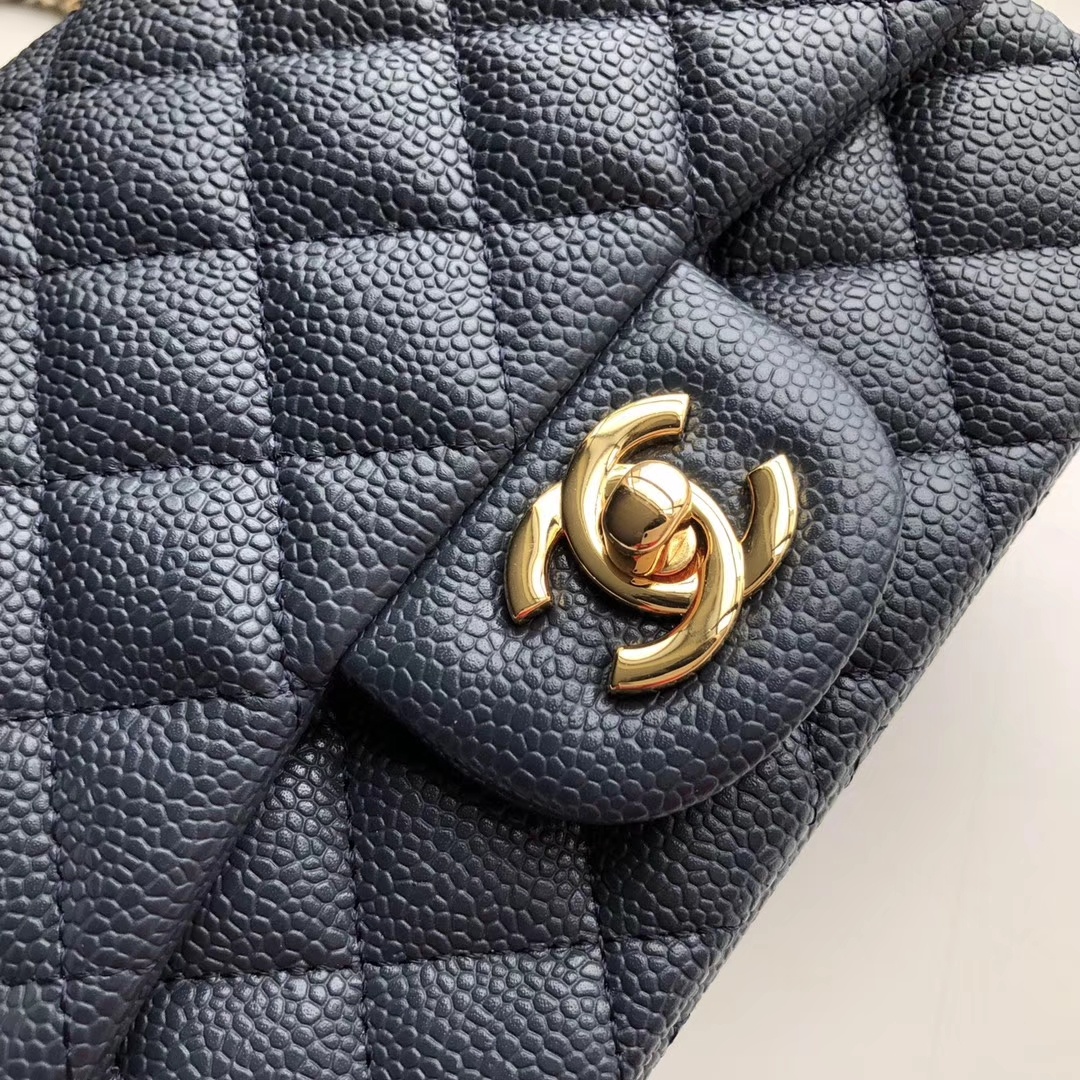 Ch**el mini flap bag caviar golden metal dark blue a35200 17cm