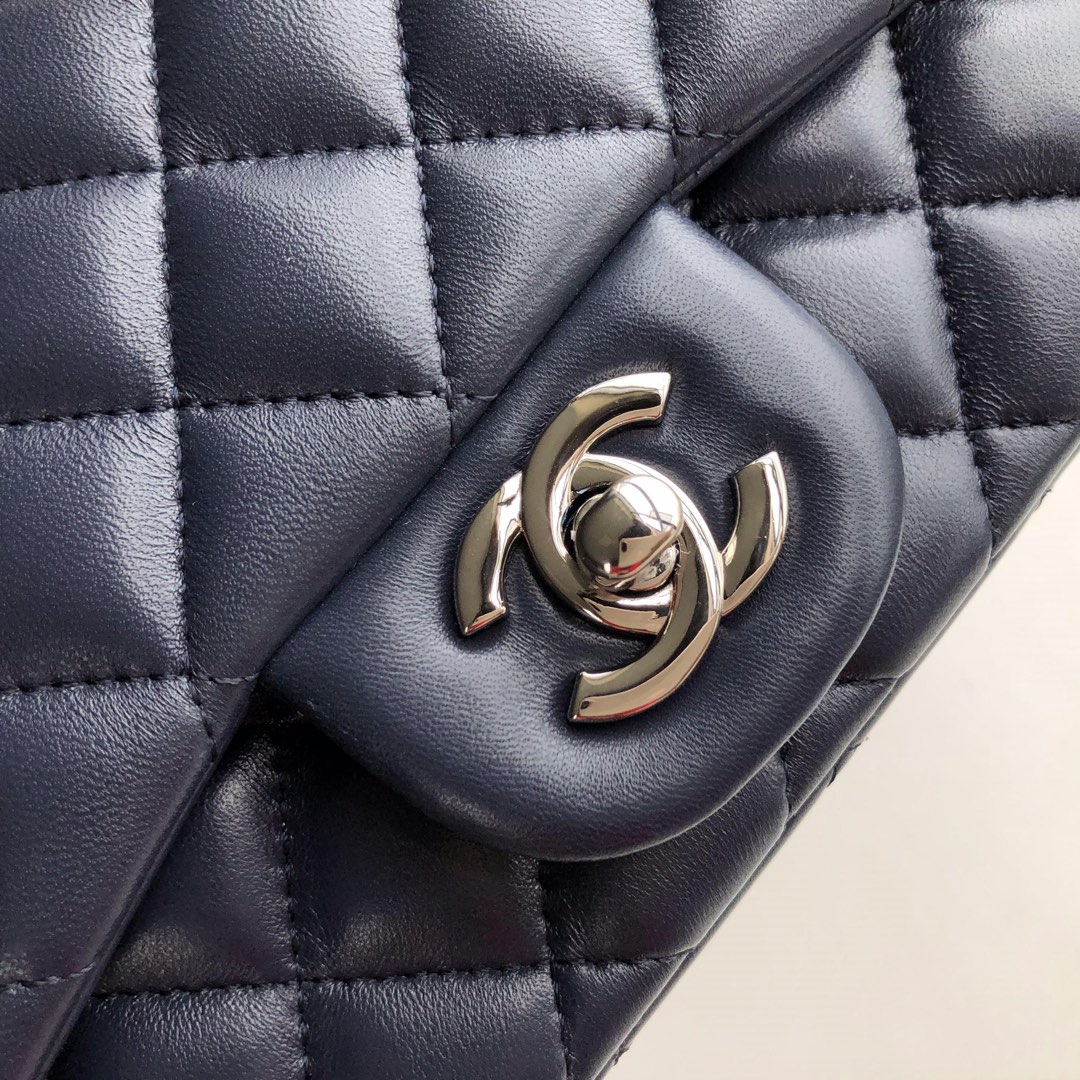 Ch**el mini flap bag lambskin silver metal dark blue a35200 17cm