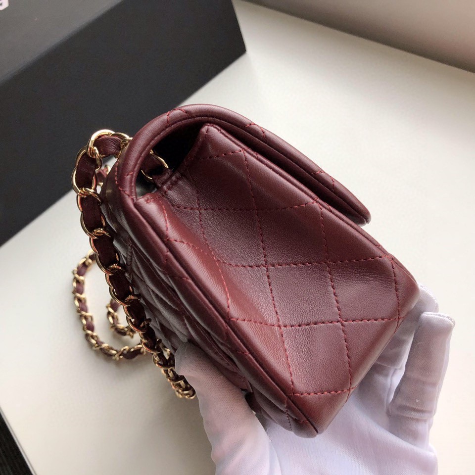 Ch**el mini flap bag lambskin golden metal burgundy a35200 17cm