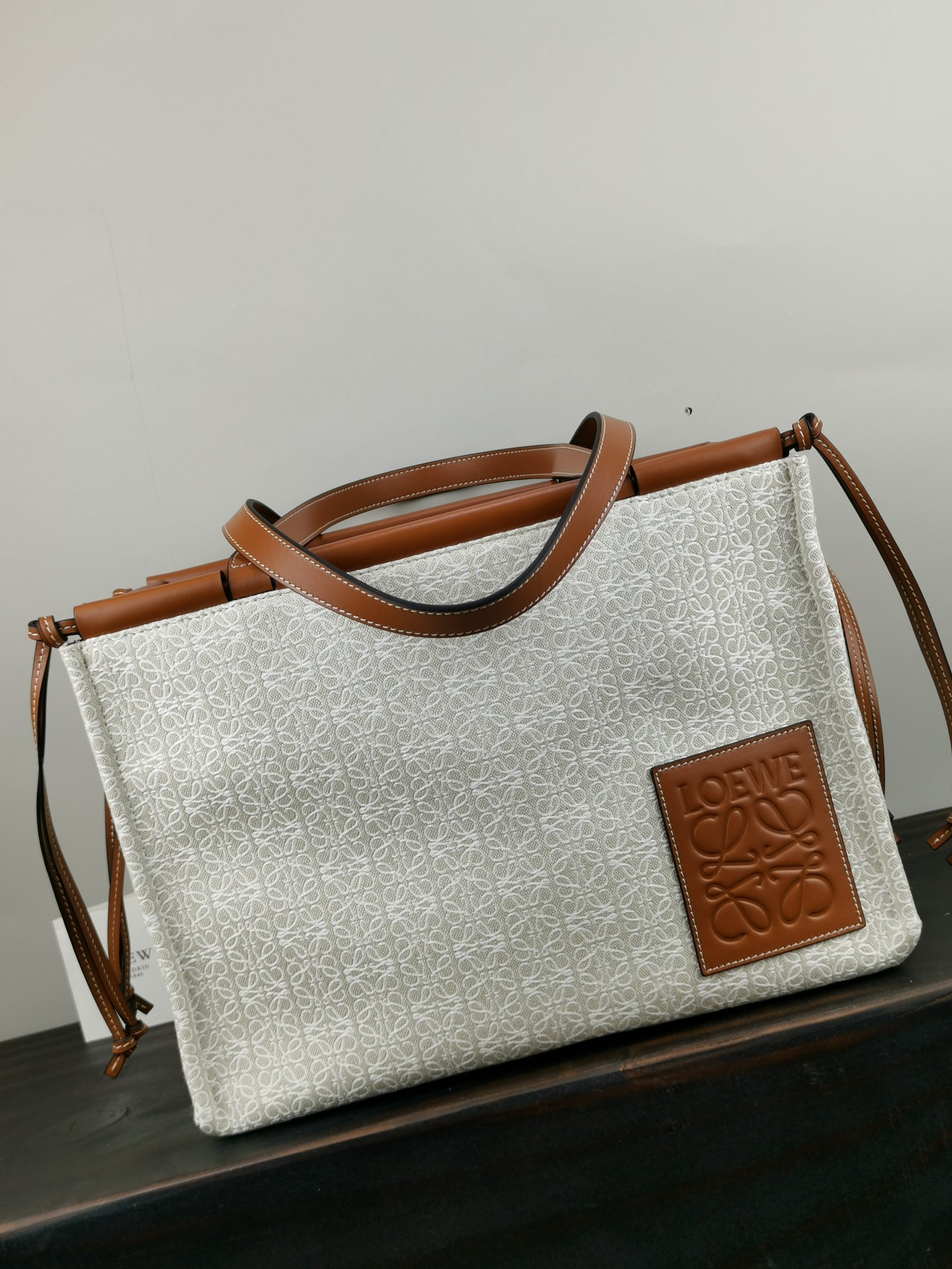 L0ew* large cushion tote anagram jacquard and calfskin light oat 35 x 27 x 19 cm