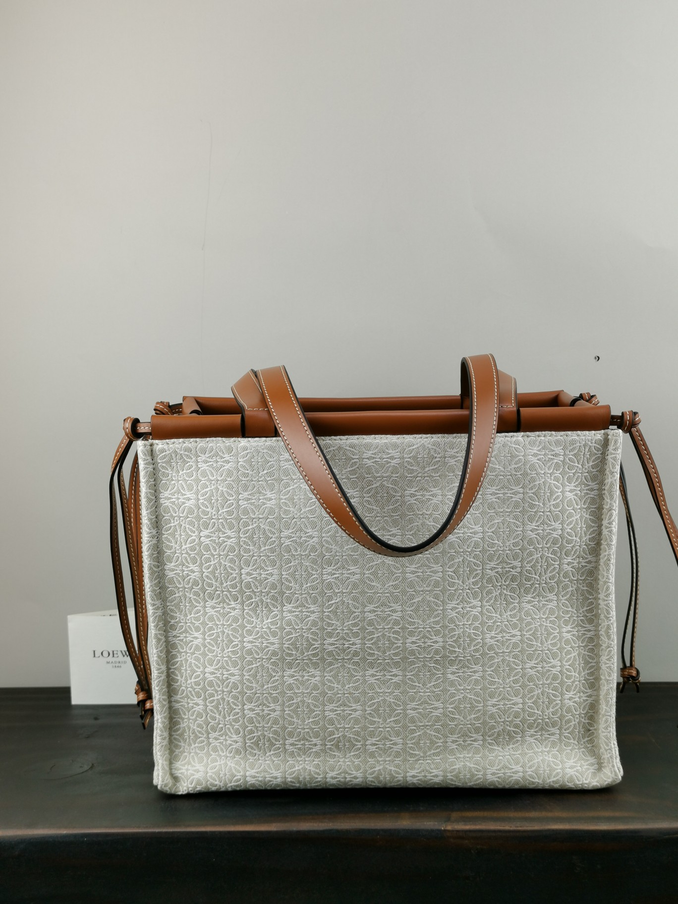 L0ew* small cushion tote anagram jacquard and calfskin tan a612a93x25 32 x 24 x 16 cm