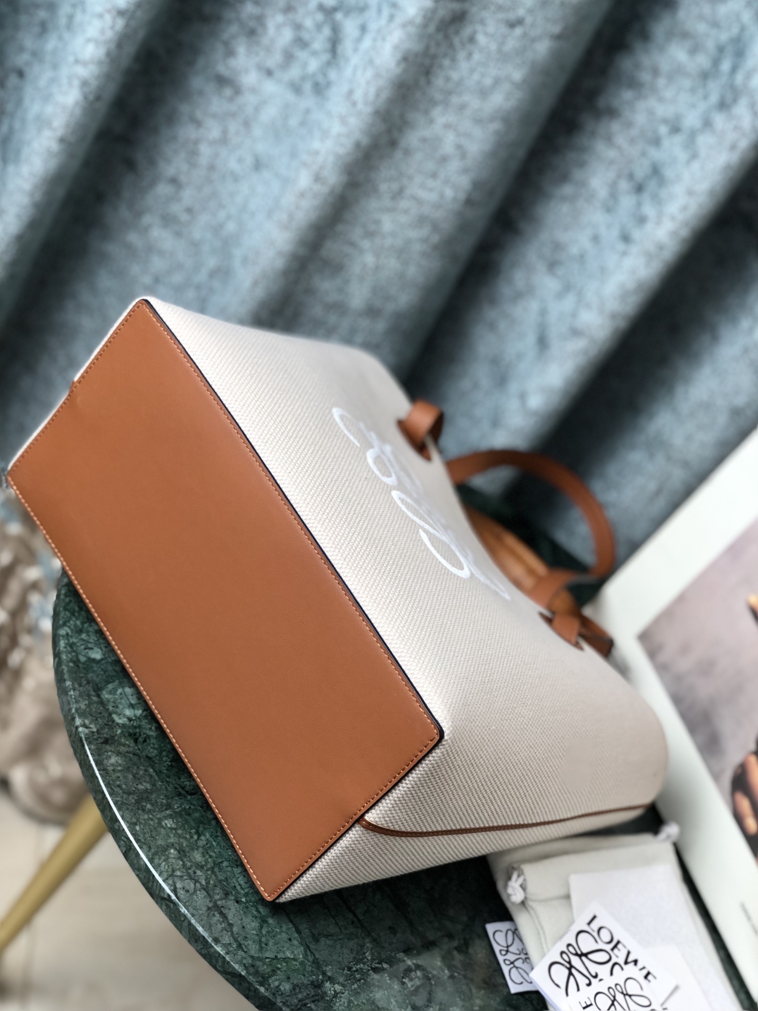 L0ew* small anagram tote jacquard and calfskin ecru/tan a717s72x06 29 x 14 x 25 cm