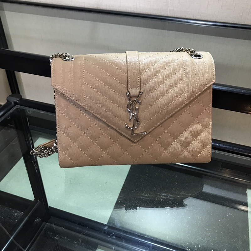 Y51 envelope medium bag in grained leather silver metal beige 600185 24 x 7.5 x 18 cm