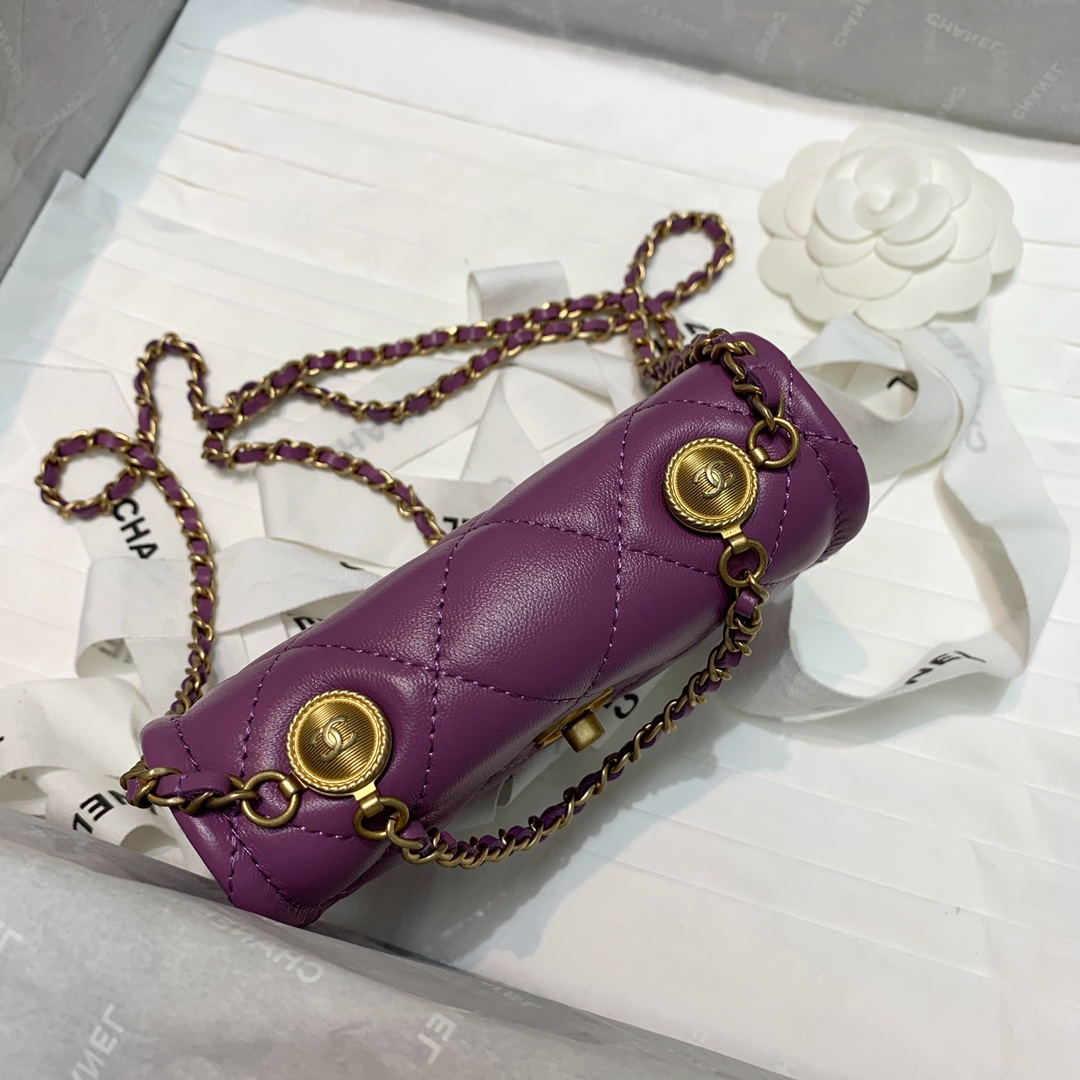 Ch**el mini retro flap button bag in leather purple 13.5 x 9 x 4 cm