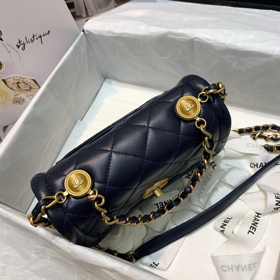 Ch**el small retro flap button bag in leather navy as2054 19 x 16 x 6.5 cm