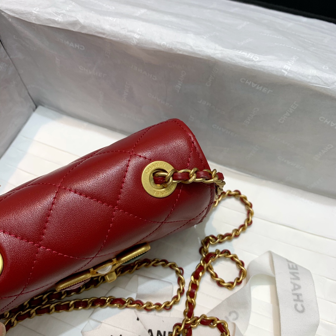 Ch**el small calfskin crystal pearls flap bag red as2251 14.5 x 5 x 10.5 cm