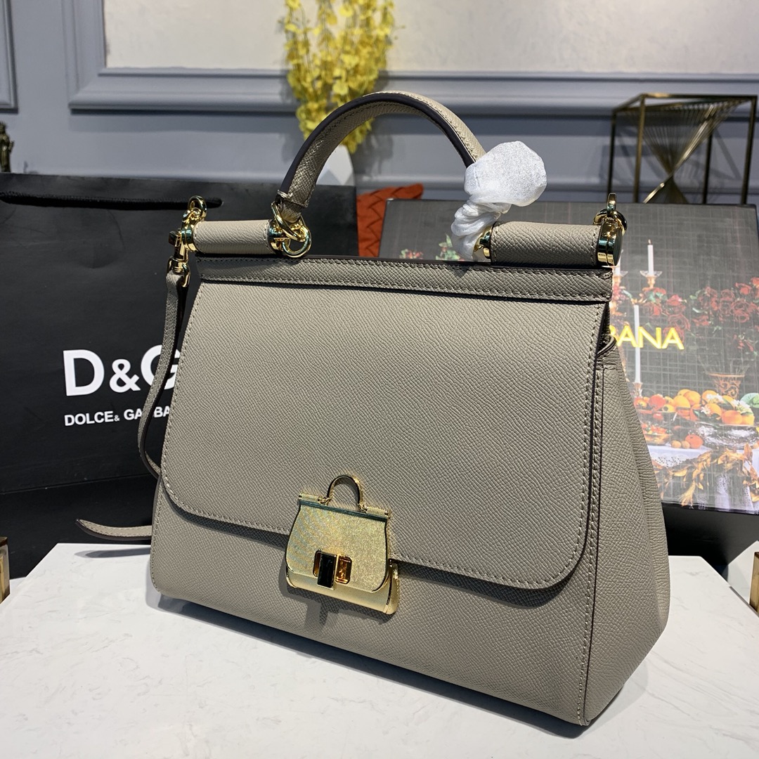 DOLCE & GABBANA Medium Dauphine Leather Sicily Bag Taupe BB6002 25 x 12 x 22 cm
