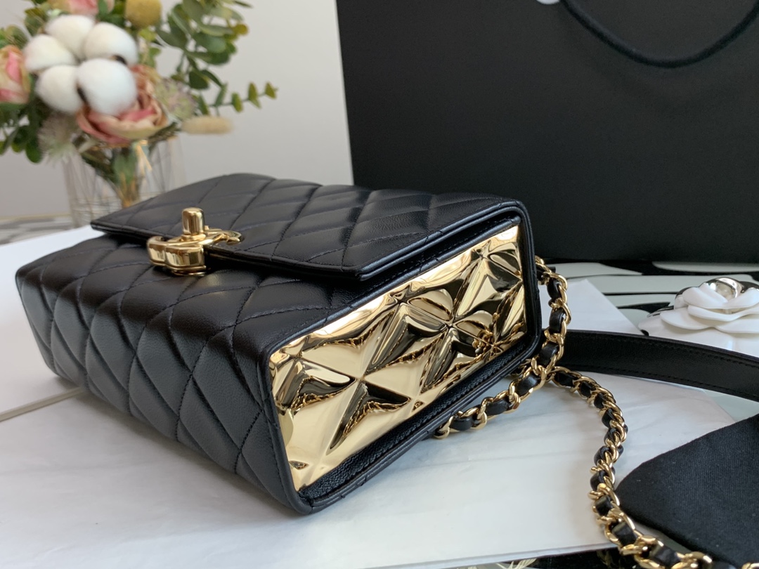 Ch**el mini flap bag handle lambskin & gold metal black as2796 12.5 x 17.5 x 5.5 cm