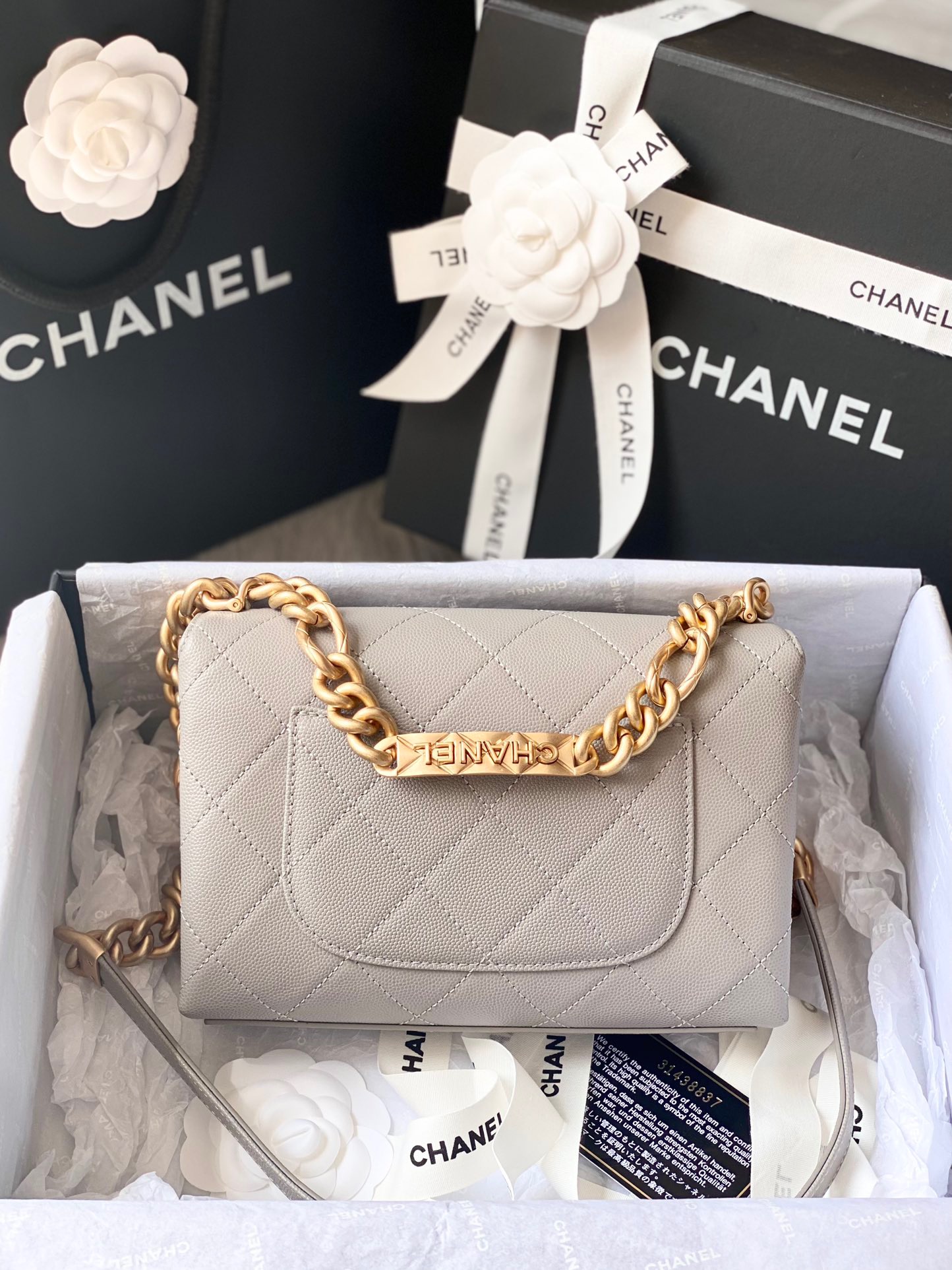 Ch**el mini flap bag gold-tone metal light gray as2711 19.5 x 14 x 9 cm