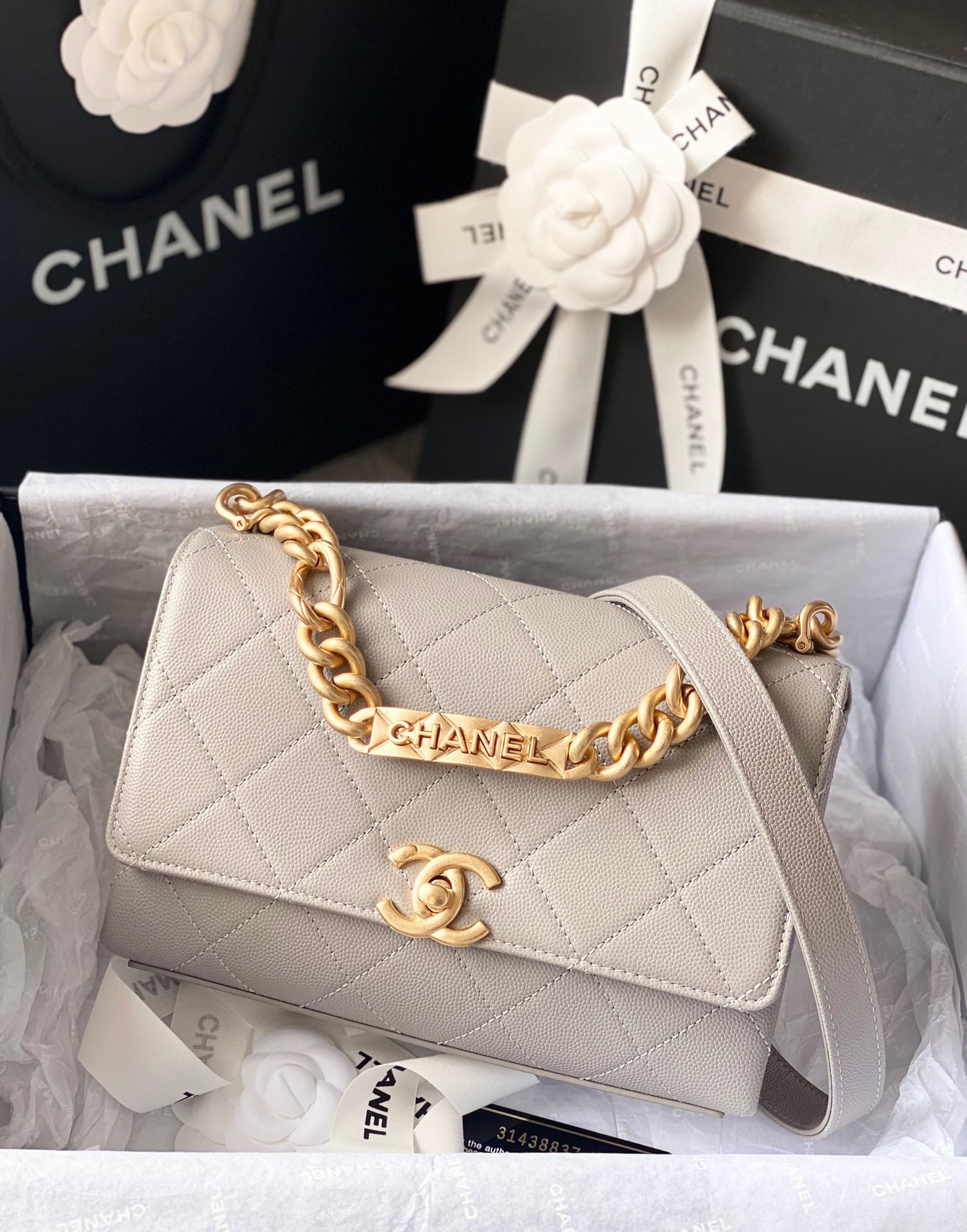 Ch**el mini flap bag gold-tone metal light gray as2711 19.5 x 14 x 9 cm