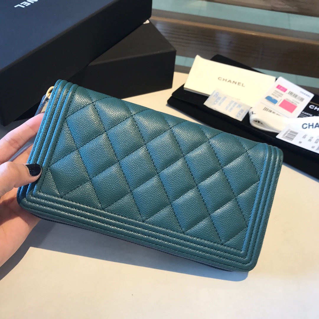 Ch**el boy long zipped wallet grained leather teal a80815 19cm