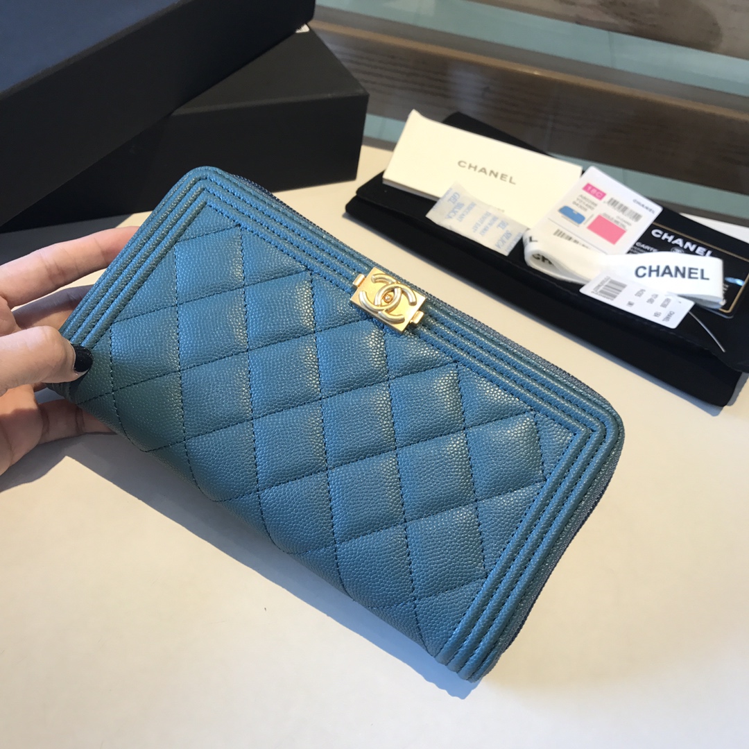 Ch**el boy long zipped wallet grained leather teal a80815 19cm