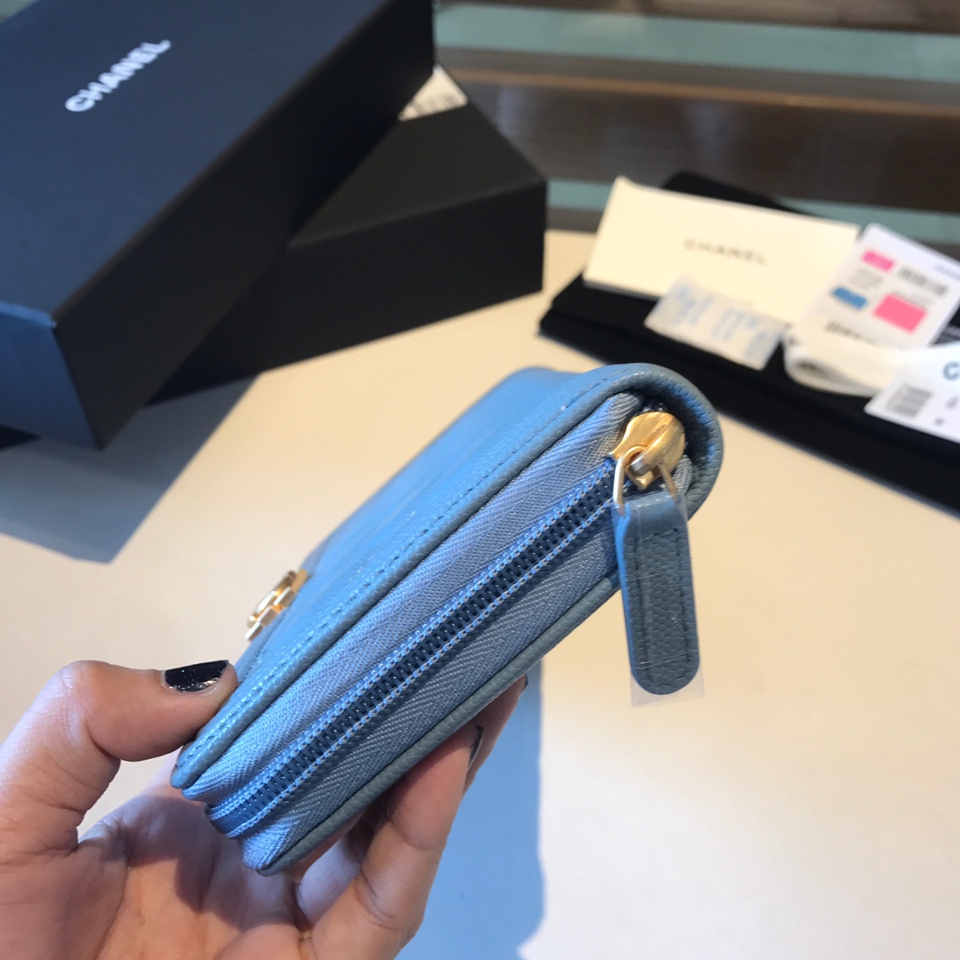 Ch**el boy long zipped wallet grained leather sky blue a80815 19cm