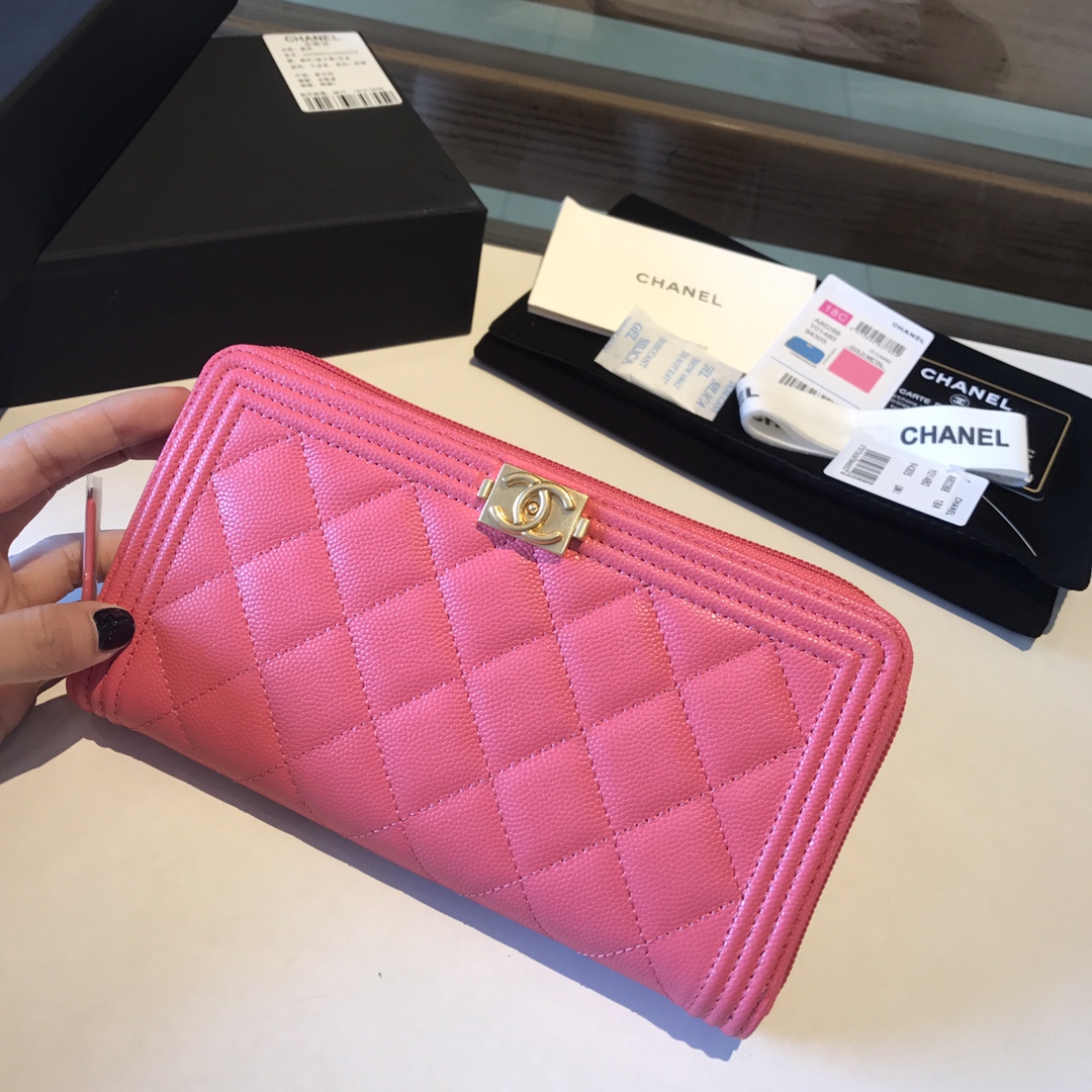 Ch**el boy long zipped wallet grained leather pink a80815 19cm