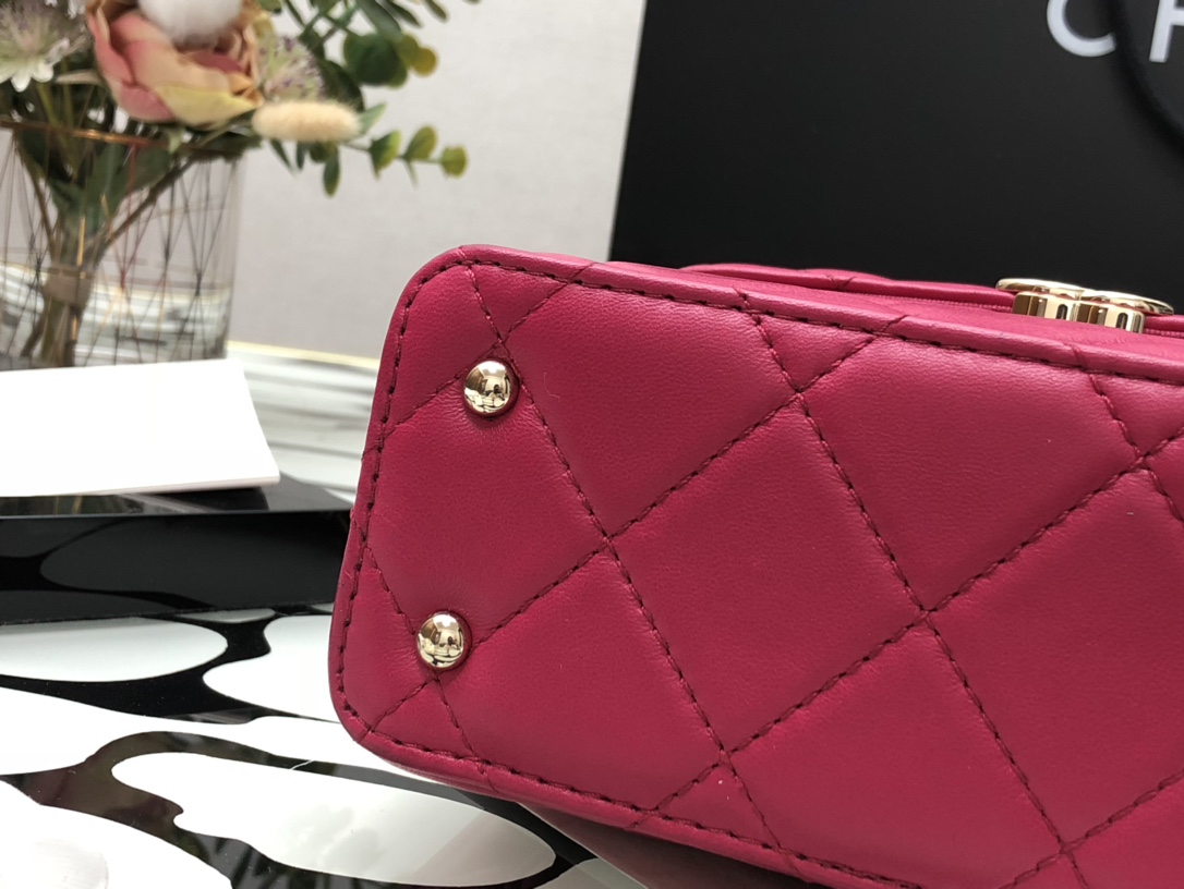 Ch**el small box bag lambskin & gold metal dark pink as2877 14.5 x 16.5 x 7 cm