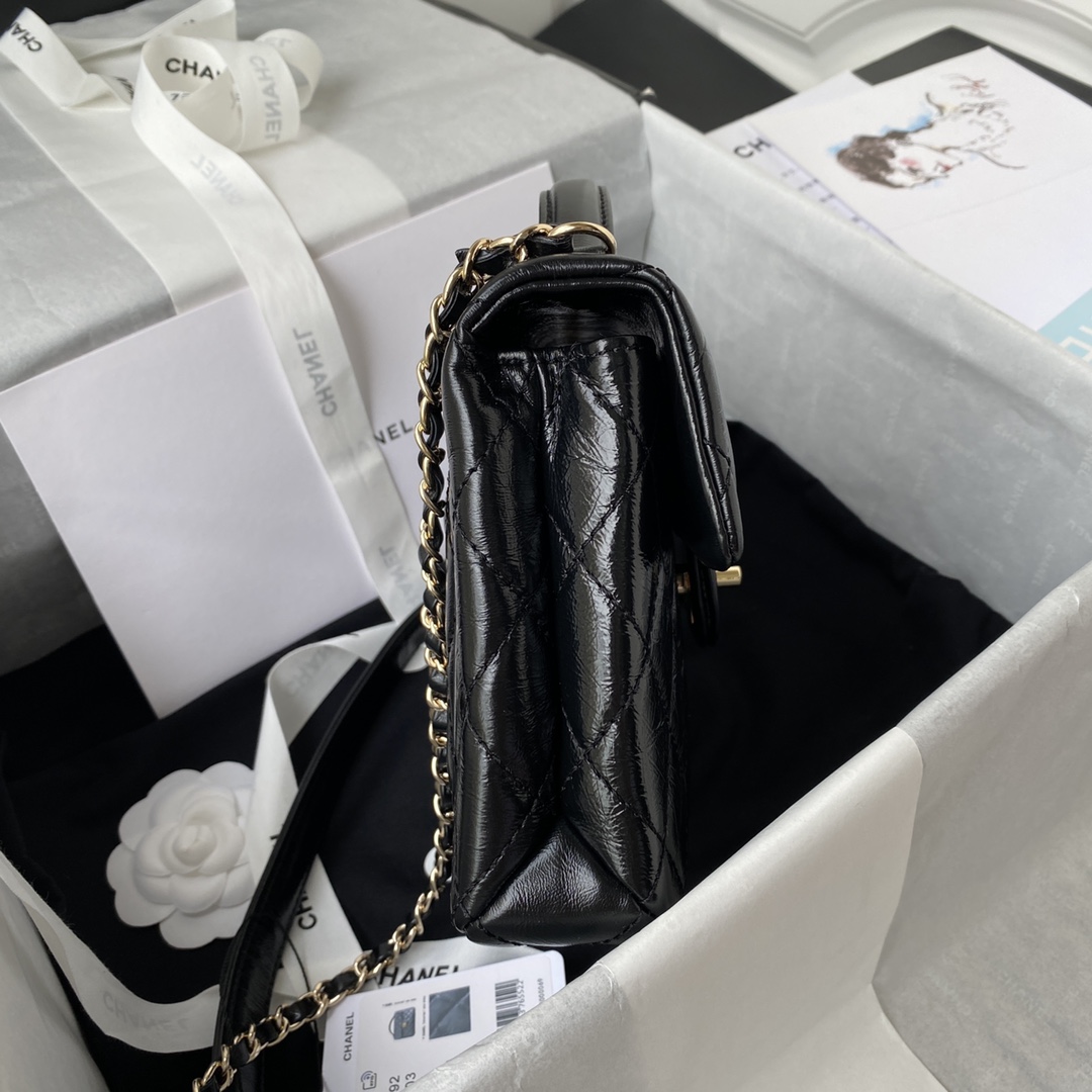 Ch**el mini flap bag with top handle crumpled leather black as2892 20 x 15 x 6.5 cm