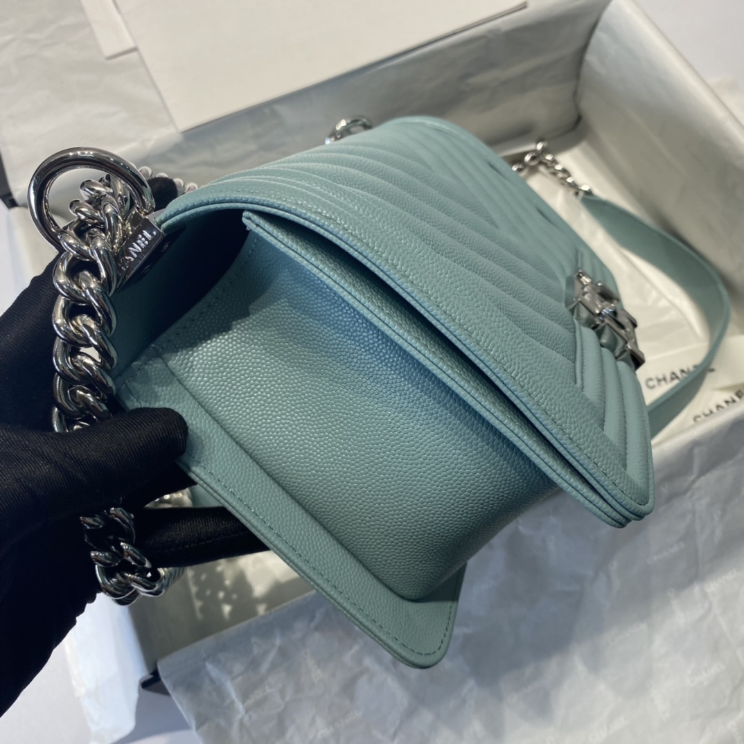 Ch**el medium boy bag chevron black-tone metal grained leather blue a67086 25cm