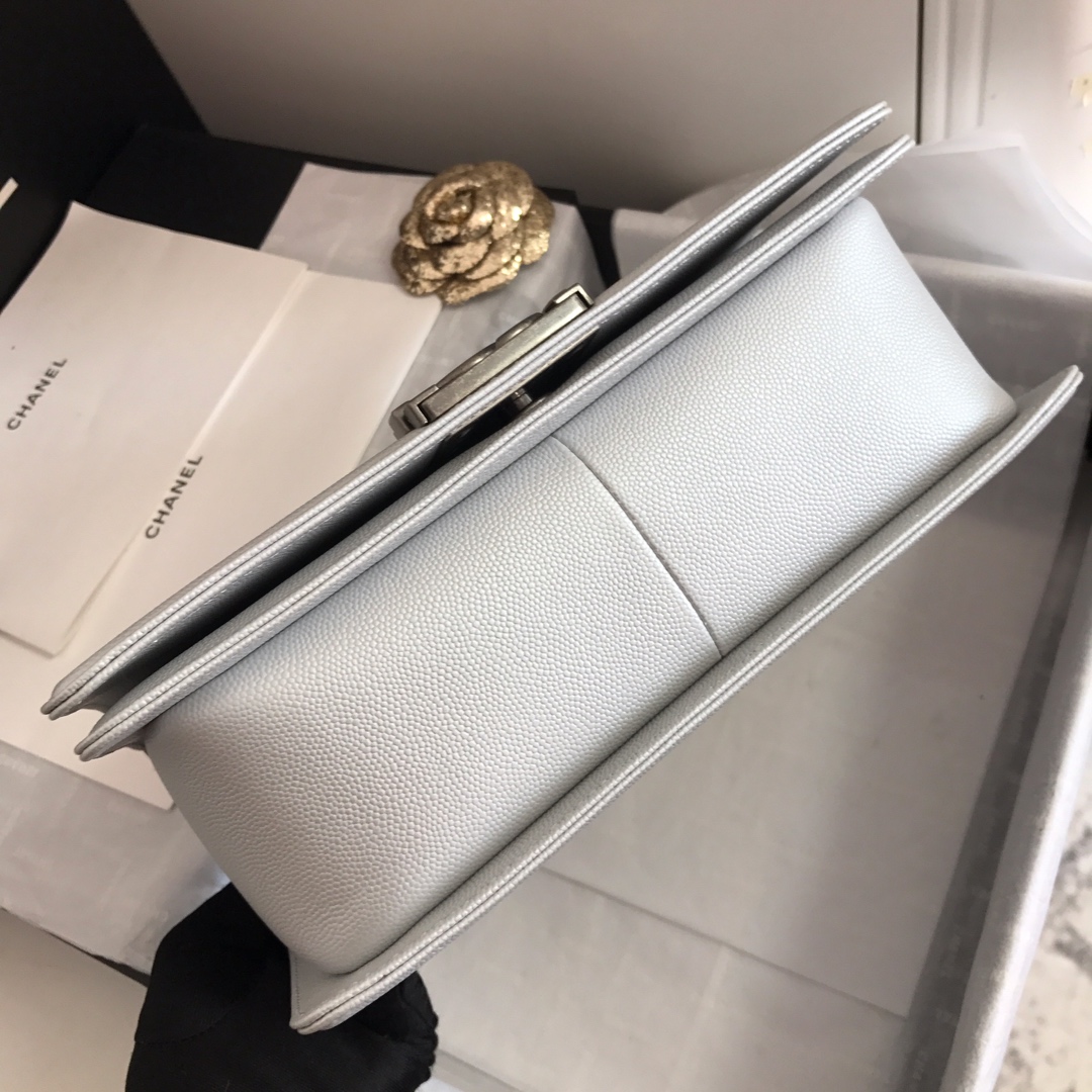 Ch**el medium boy bag chevron black-tone metal grained leather silver a67086 25cm