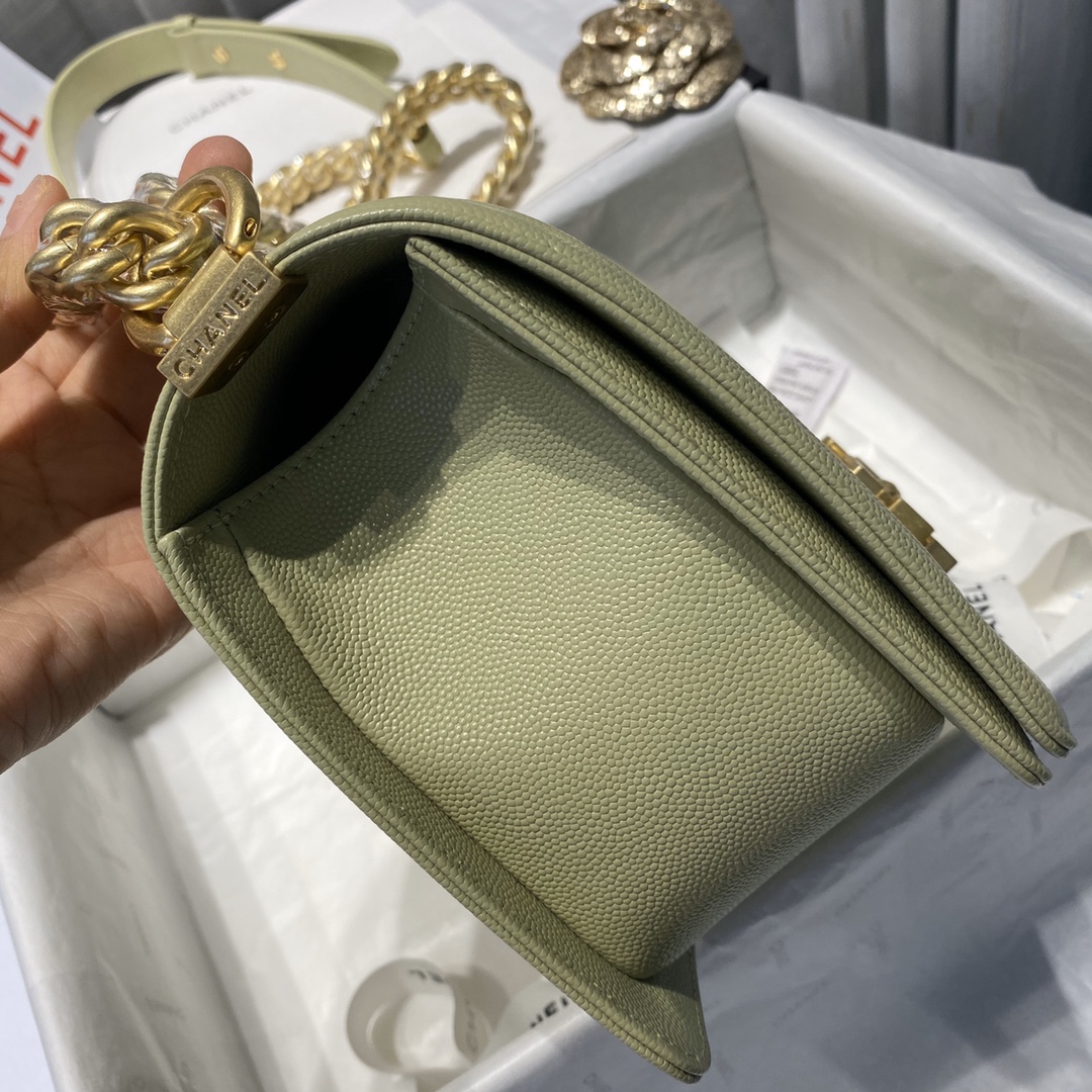 Ch**el medium boy bag classic gold-tone metal grained leather olive green a67086 25cm