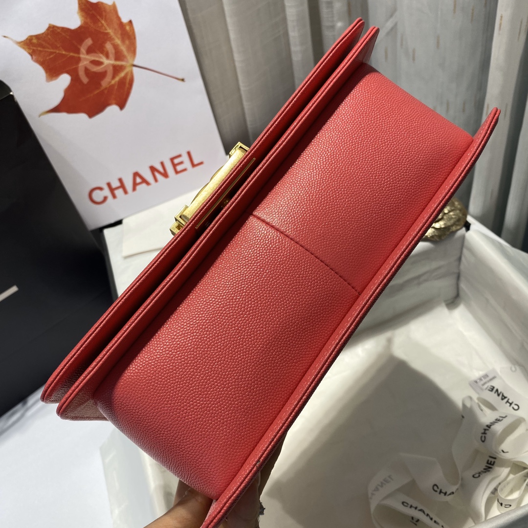 Ch**el medium boy bag classic gold-tone metal grained leather peach a67086 25cm