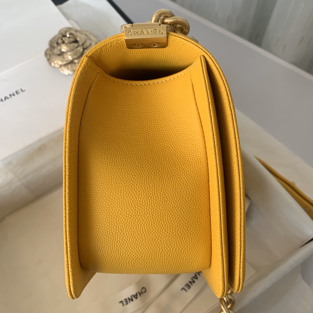 Ch**el medium boy bag classic gold-tone metal grained leather mustard yellow a67086 25cm