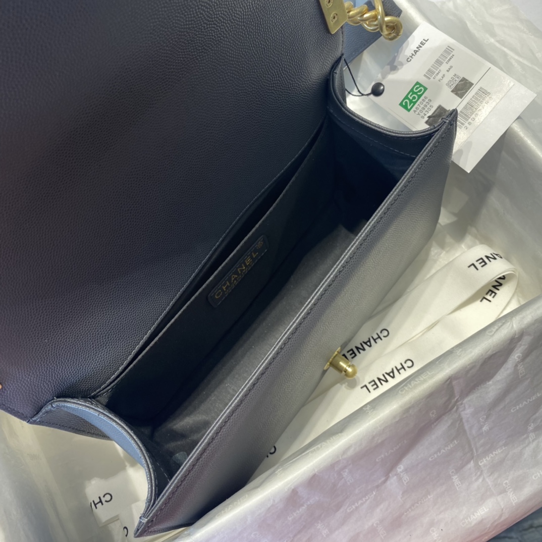 Ch**el medium boy bag classic gold-tone metal grained leather dark gray a67086 25cm