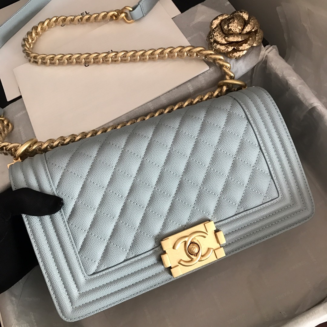 Ch**el medium boy bag classic gold-tone metal grained leather cornflower a67086 25cm