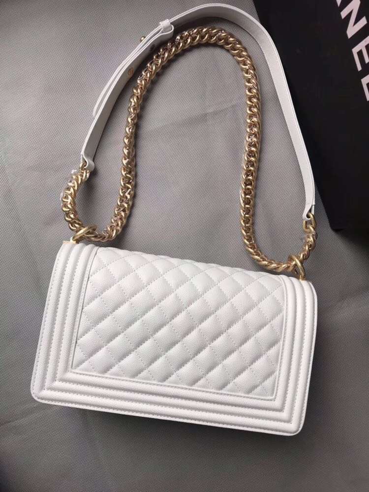 Ch**el medium boy bag classic gold-tone metal grained leather white a67086 25cm