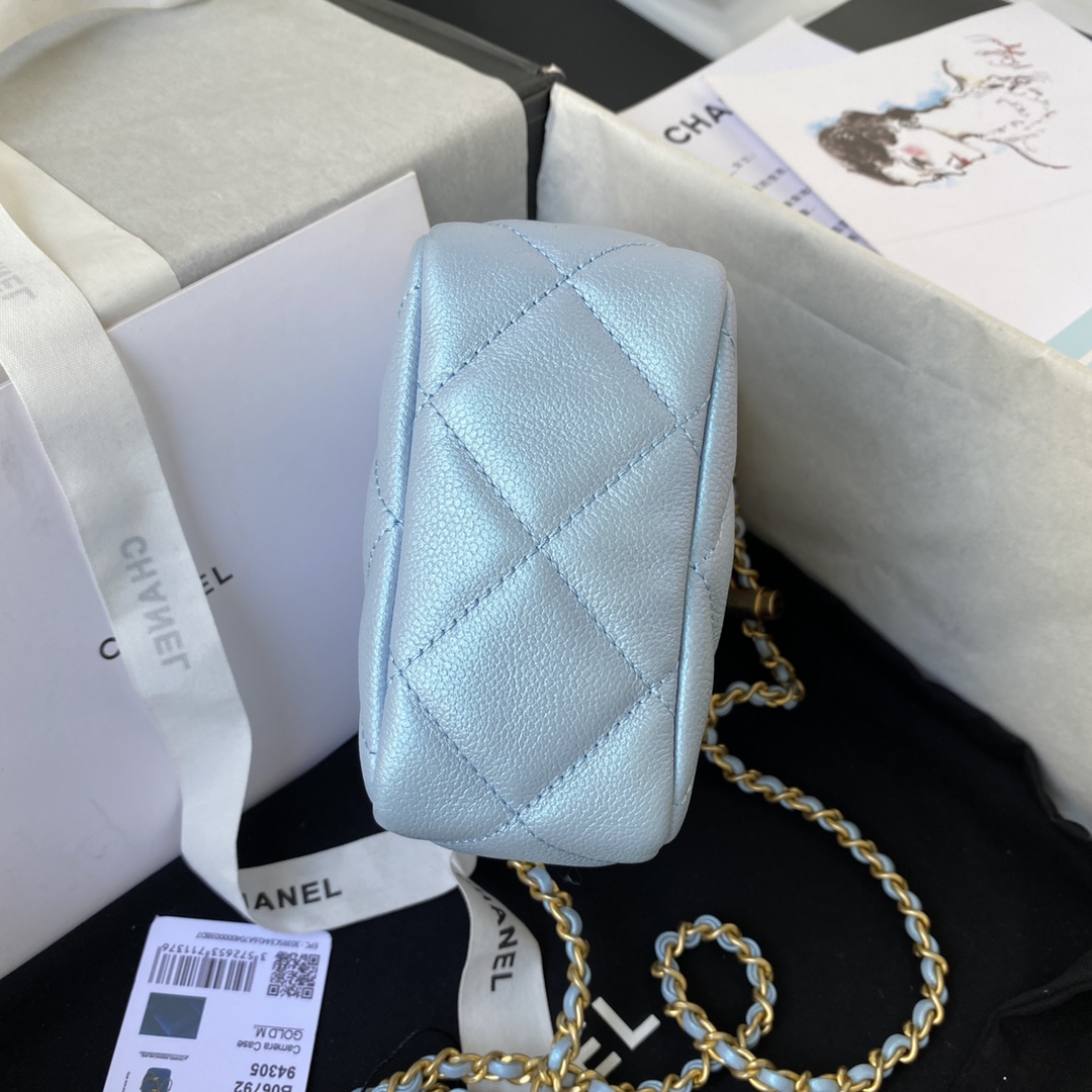 Ch**el mini camera case grained leather blue as2857 16 x 12 x 6 cm