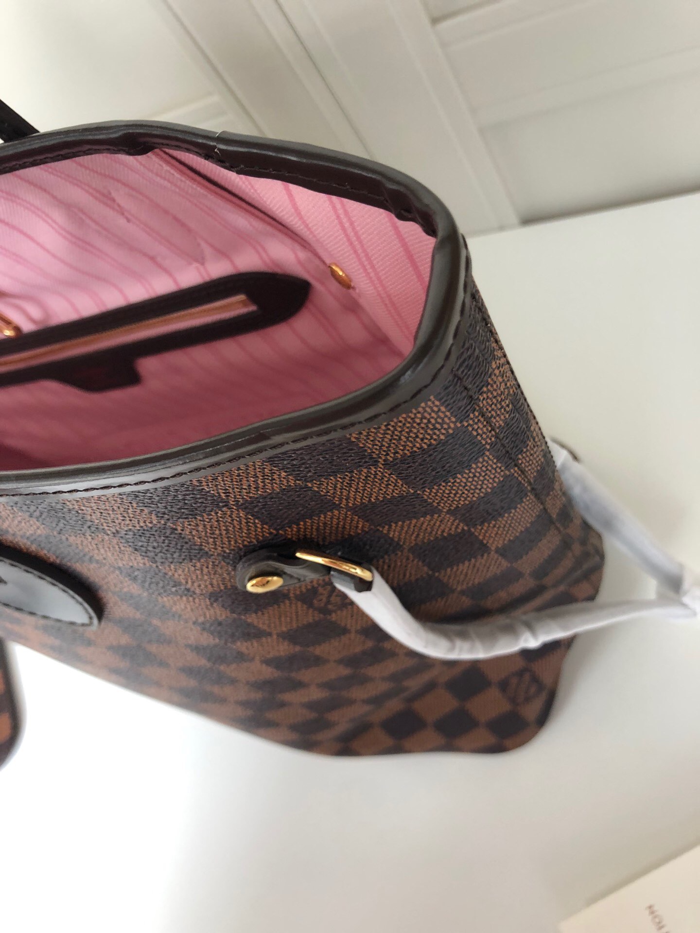 LV Neverfull shopping MM bag black check powder 32CM